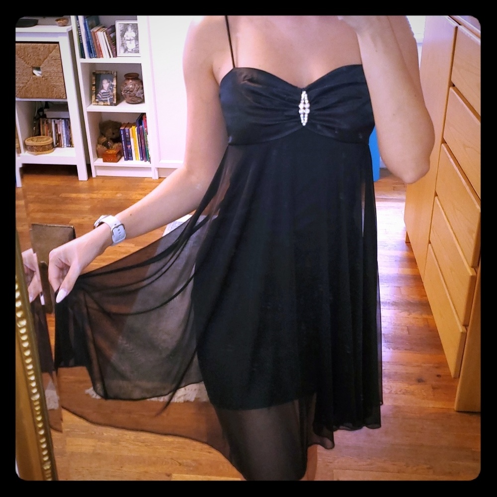 Chiffon & satin evening dress with rhinestones